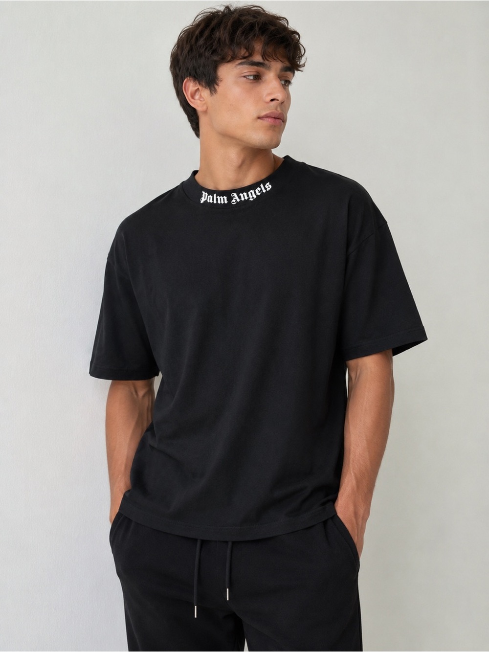Palm Angels Black Crewneck T-Shirt with White Neck Logo